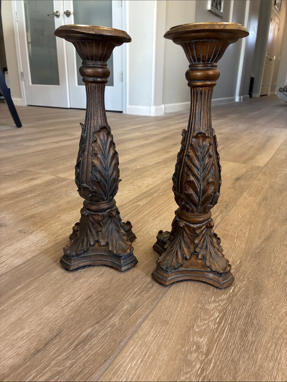 Fitz and Floyd Ornate Leaf Carved Candle Holders - Brown and Gold Accents